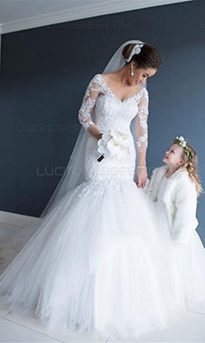 Trumpet/Mermaid V-neck 3/4 Length Sleeve Tulle Wedding Dress