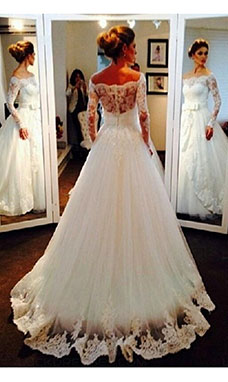 A-line Off-the-shoulder Long Sleeve Tulle Wedding Dress