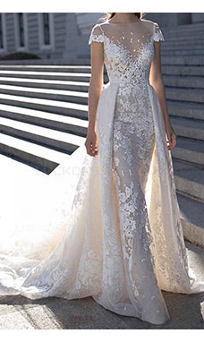 Sheath/Column Bateau Short Sleeve Lace Wedding Dress