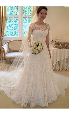 A-line Scoop Short Sleeve Lace Wedding Dress