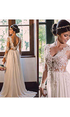 A-line V-neck Long Sleeve Chiffon Wedding Dress