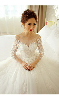 Ball Gown Scoop Long Sleeve Tulle Wedding Dress