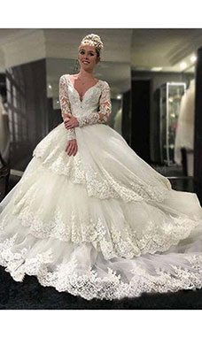 Ball Gown V-neck Long Sleeve Lace Wedding Dress