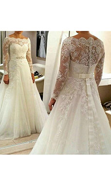 A-line Bateau Long Sleeve Lace Wedding Dress