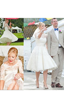 A-line Scoop Half Sleeve Lace Wedding Dress