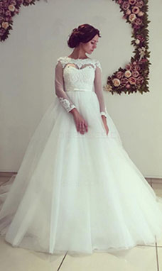 Ball Gown Bateau 3/4 Length Sleeve Tulle Wedding Dress