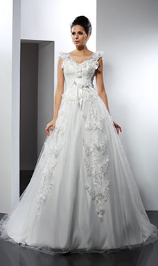 A-line V-neck Sleeveless Satin Wedding Dress