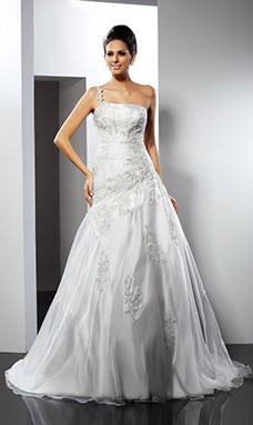 A-line One Shoulder Sleeveless Satin Wedding Dress