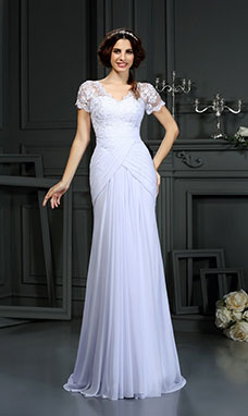Sheath/Column V-neck Short Sleeve Chiffon Wedding Dress