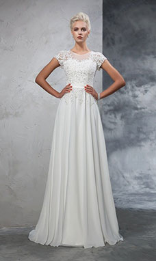 A-line Scoop Short Sleeve Chiffon Wedding Dress