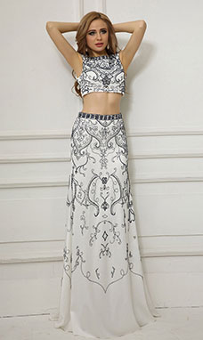 A-line Scoop Floor-length Chiffon Lace Prom Dress