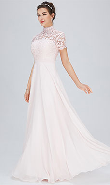 A-line High Neck Floor-length Chiffon Prom Dress with Lace