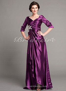 Sheath/Column Satin Chiffon Floor-length V-neck Mother of the Bride Dress