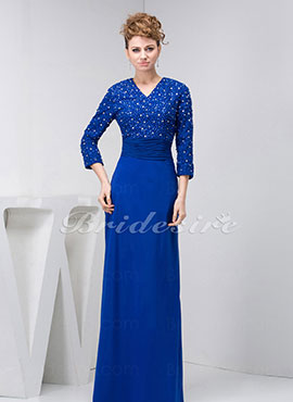 Sheath/Column V-neck Floor-length 3/4 Length Sleeve Stretch Satin Mother of the Bride Dress