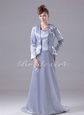 A-line Strapless Floor-length Long Sleeve Satin Mother of the Bride Dress