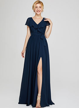 A-line V-neck Floor-length Chiffon Bridesmaid Dress with Split Front