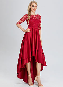 A-line Scoop Asymmetrical Satin Bridesmaid Dress with Lace