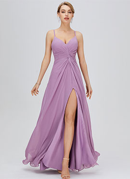 A-line V-neck Floor-length Sleeveless Chiffon Bridesmaid Dress with Split Front