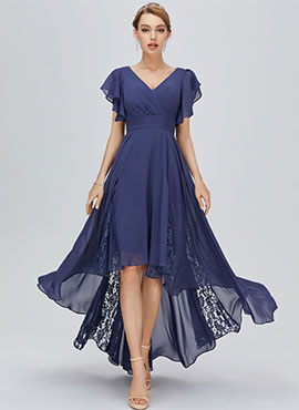 A-line V-neck Asymmetrical Chiffon Bridesmaid Dress with Lace