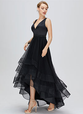 A-line V-neck Asymmetrical Tulle Bridesmaid Dress