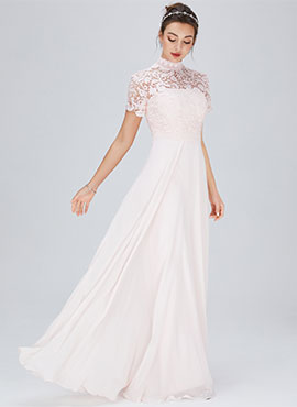 A-line High Neck Floor-length Chiffon Bridesmaid Dress with Lace