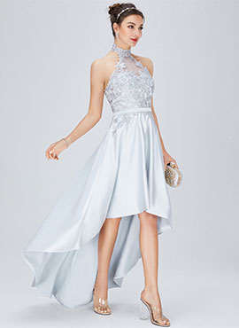 A-line Halter Asymmetrical Chiffon Bridesmaid Dress with Lace