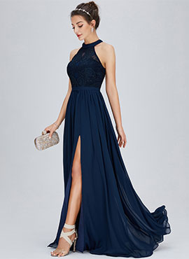 A-line Scoop Floor-length Chiffon Bridesmaid Dress with Split Front