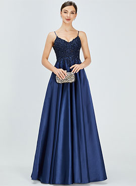 A-line V-neck Floor-length Satin Bridesmaid Dress with Lace