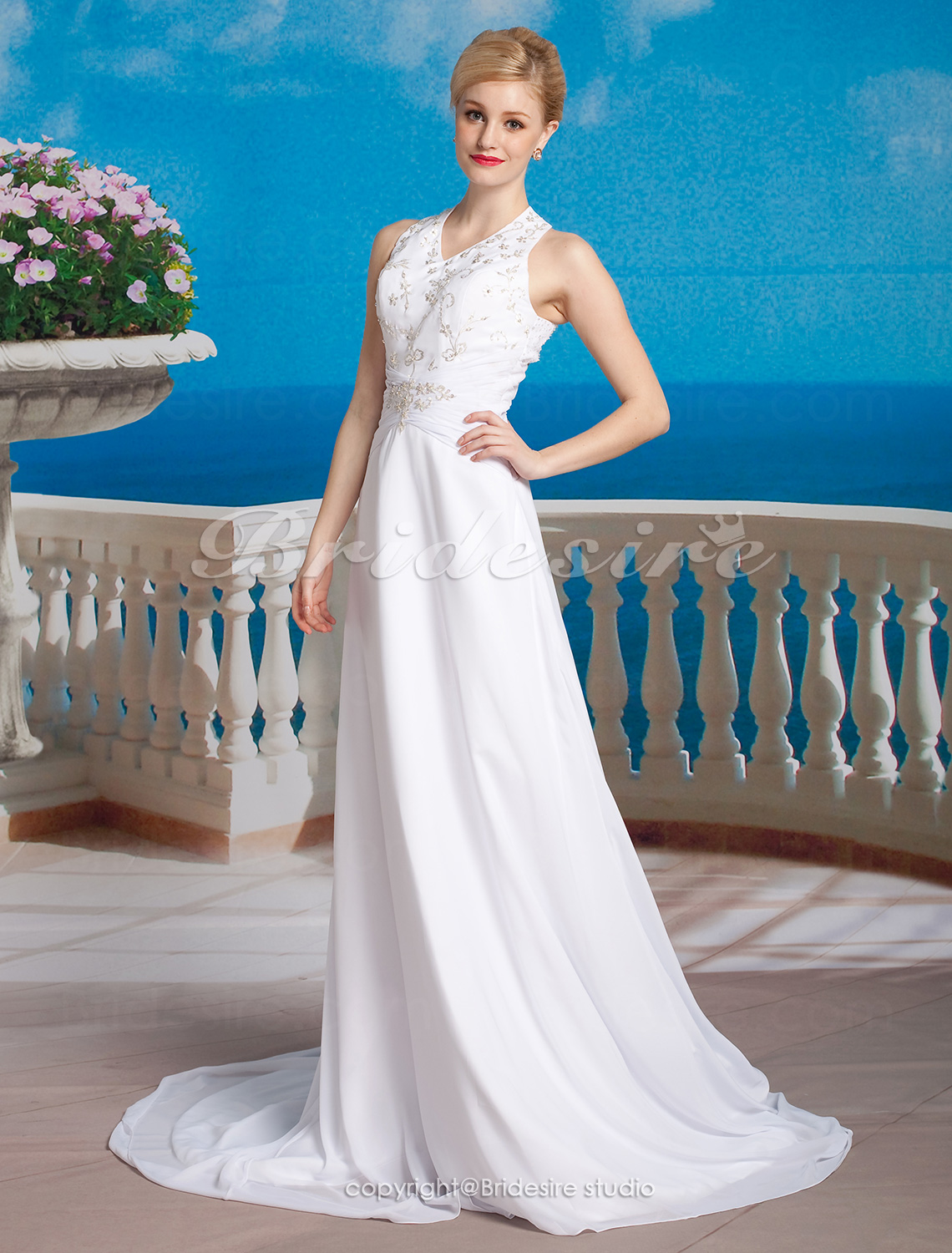 Sheath/Column Chiffon Wedding Dress with Button Back and Beaded Embroidered