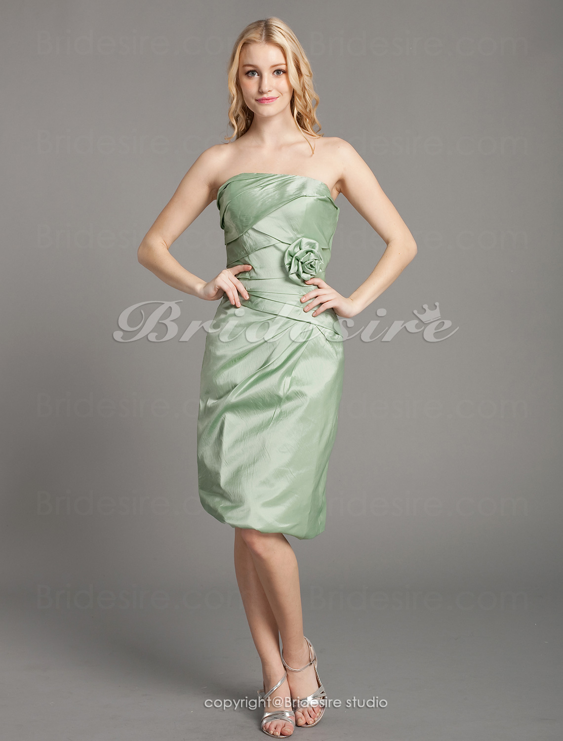 Sheath/ Column Taffeta Knee-length Side-Draped Strapless Bridesmaid Dress