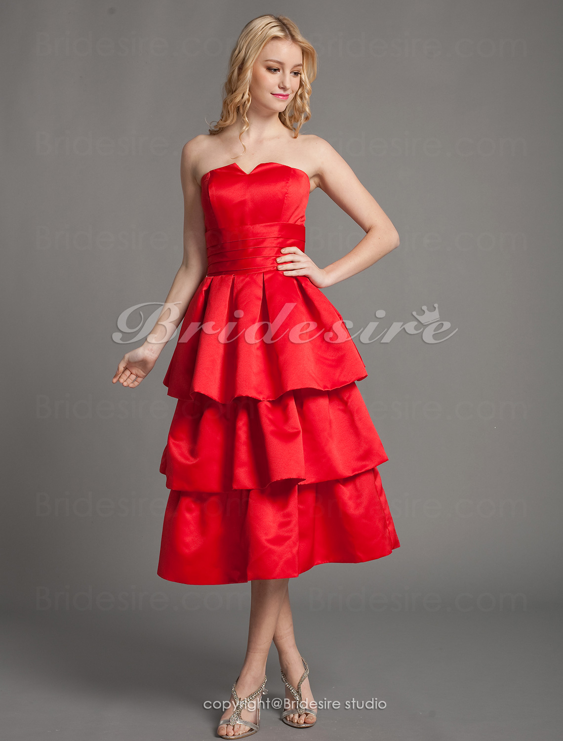 A-line Tiered Satin Knee-length Strapless Bridesmaid Dress