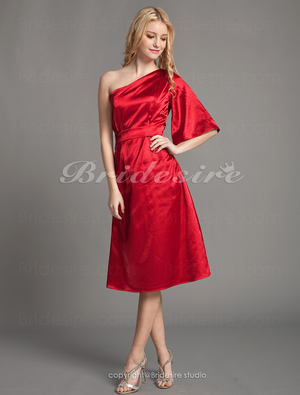 Sheath/ Column Charmeuse Knee-length One Shoulder Bridesmaid Dress