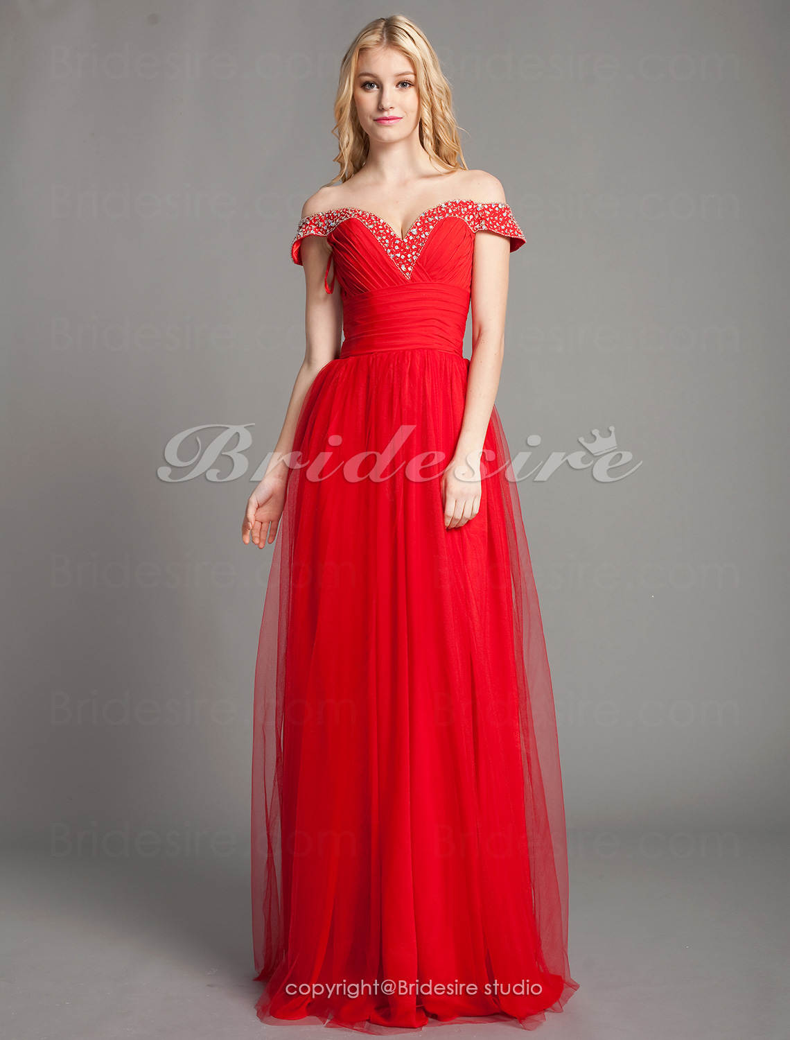 A-line Tulle And Chiffon Floor-length Off-the-shoulder Evening Dress