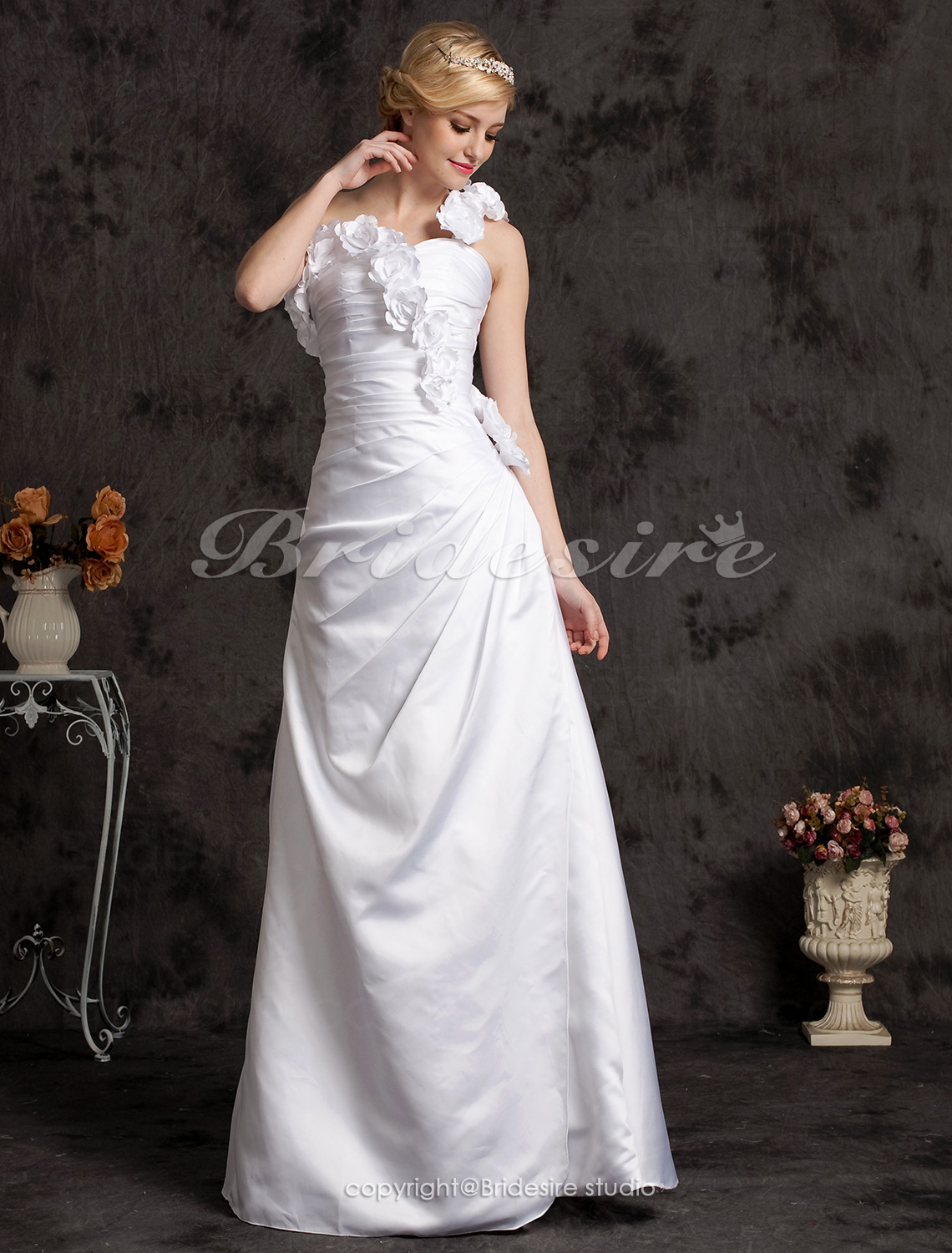 A-line Elastic Woven Satin Sweep/ Brush Train One Shoulder Wedding Dress