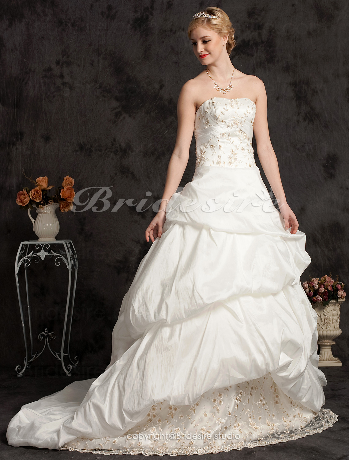 Ball Gown Taffeta Chapel Train Strapless Wedding Dress With Pick-ups