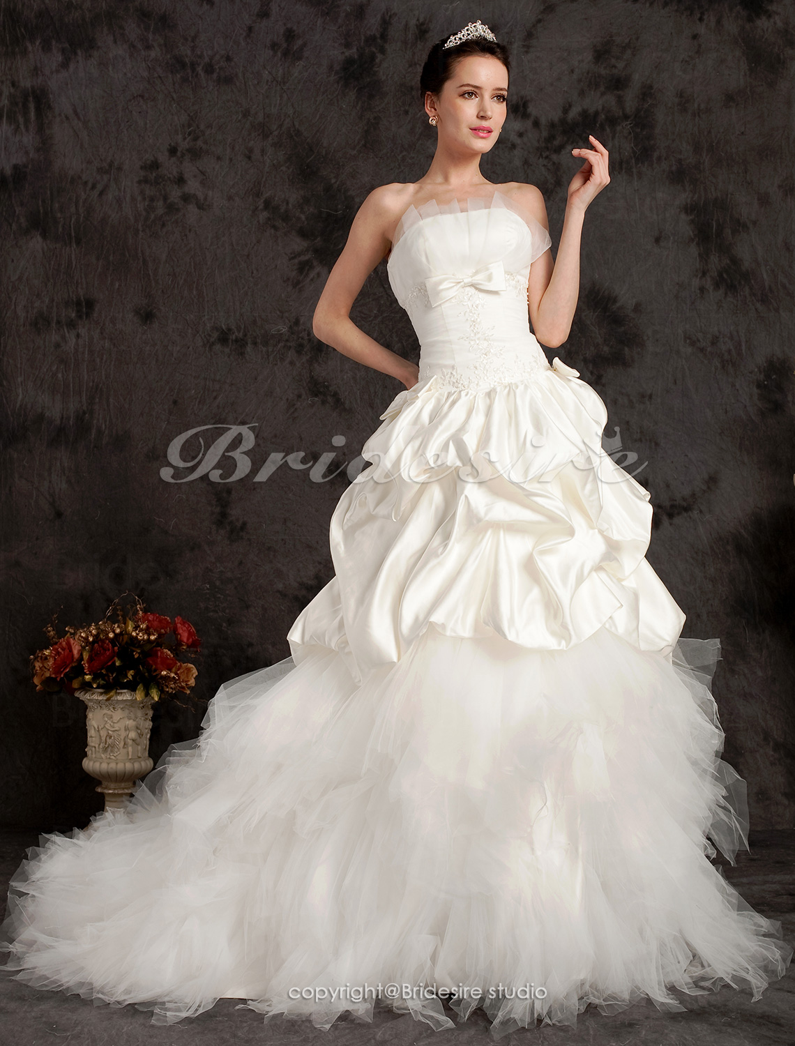 Ball Gown Satin Chapel Train Strapless Tulle Tiered Wedding Dress