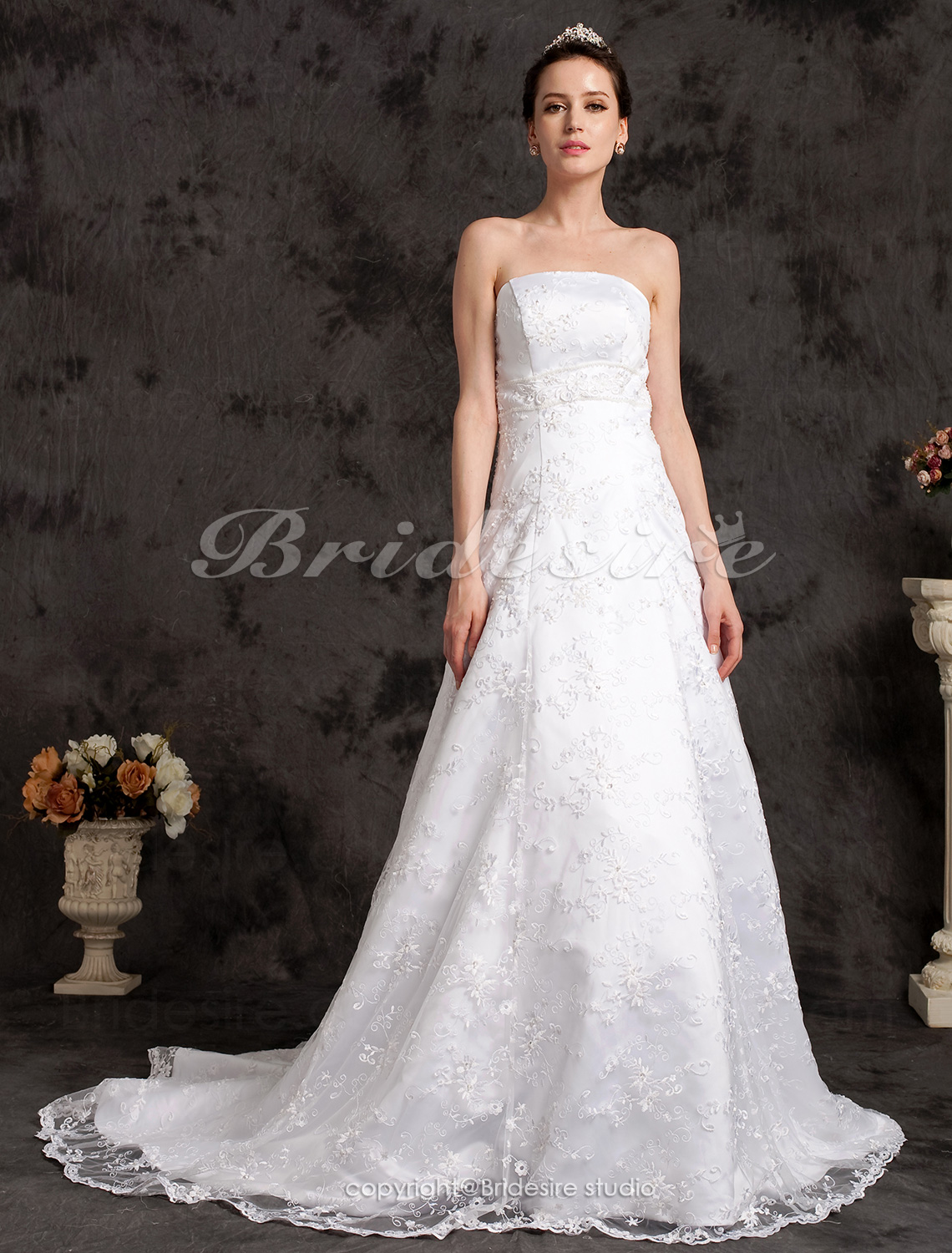 A-line/ Princess Lace Over Satin Court Train Strapless Wedding Dress