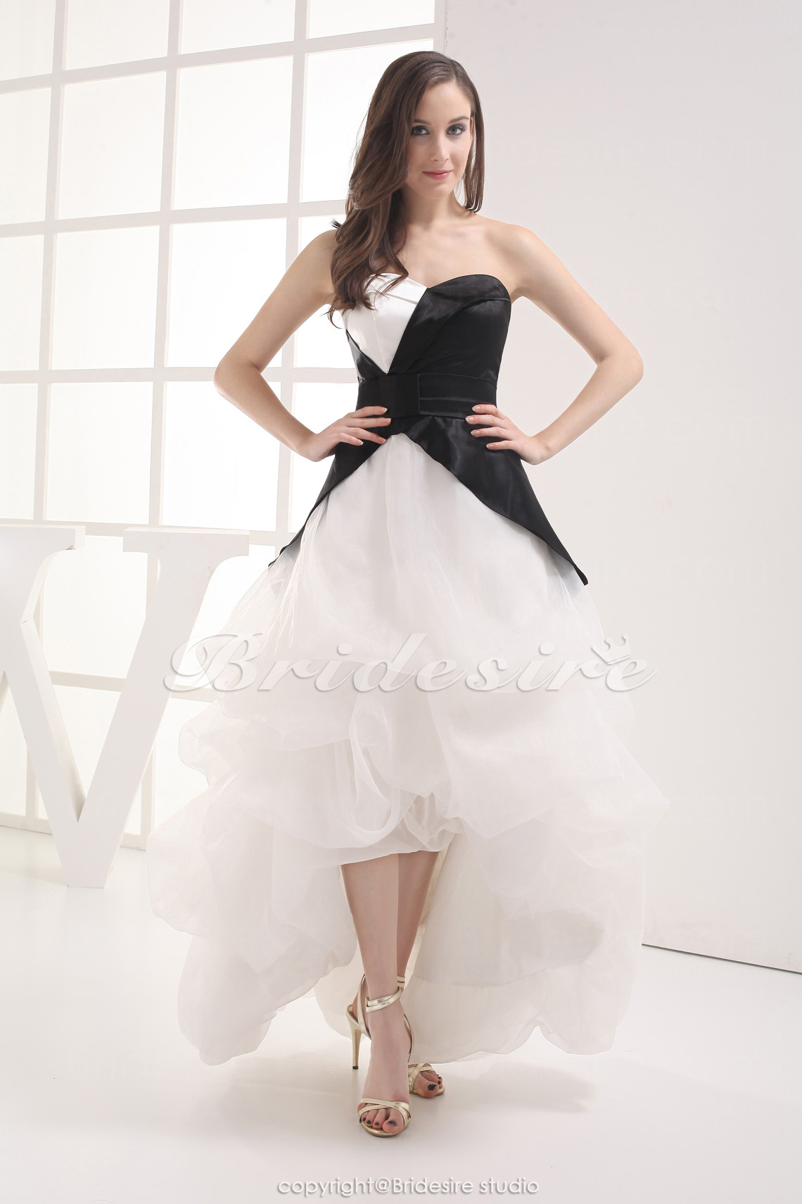 Ball Gown Strapless Asymmetrical Ankle-length Sleeveless Satin Organza Dress