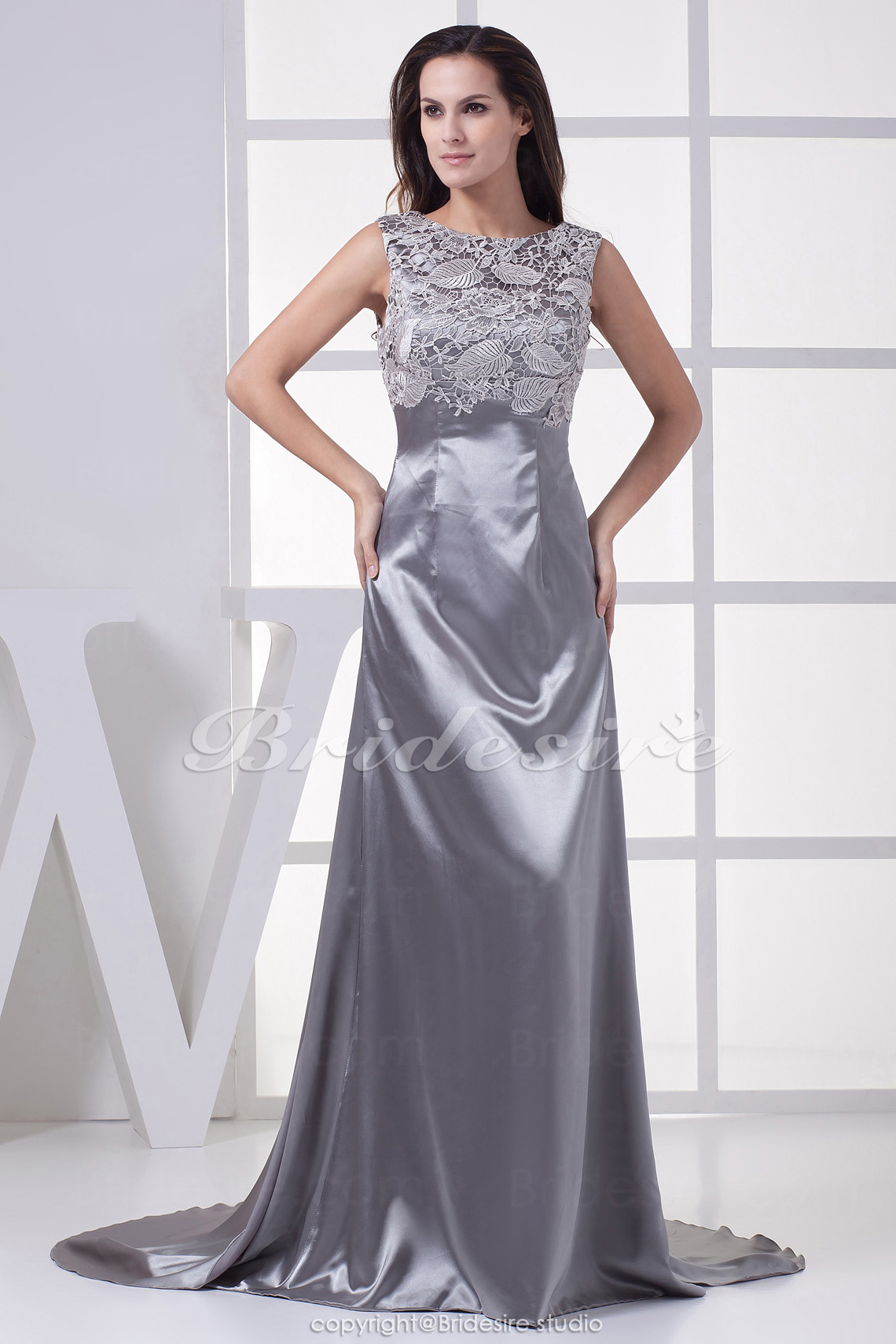 A-line Scoop Court Train Sleeveless Stretch Satin Lace Dress