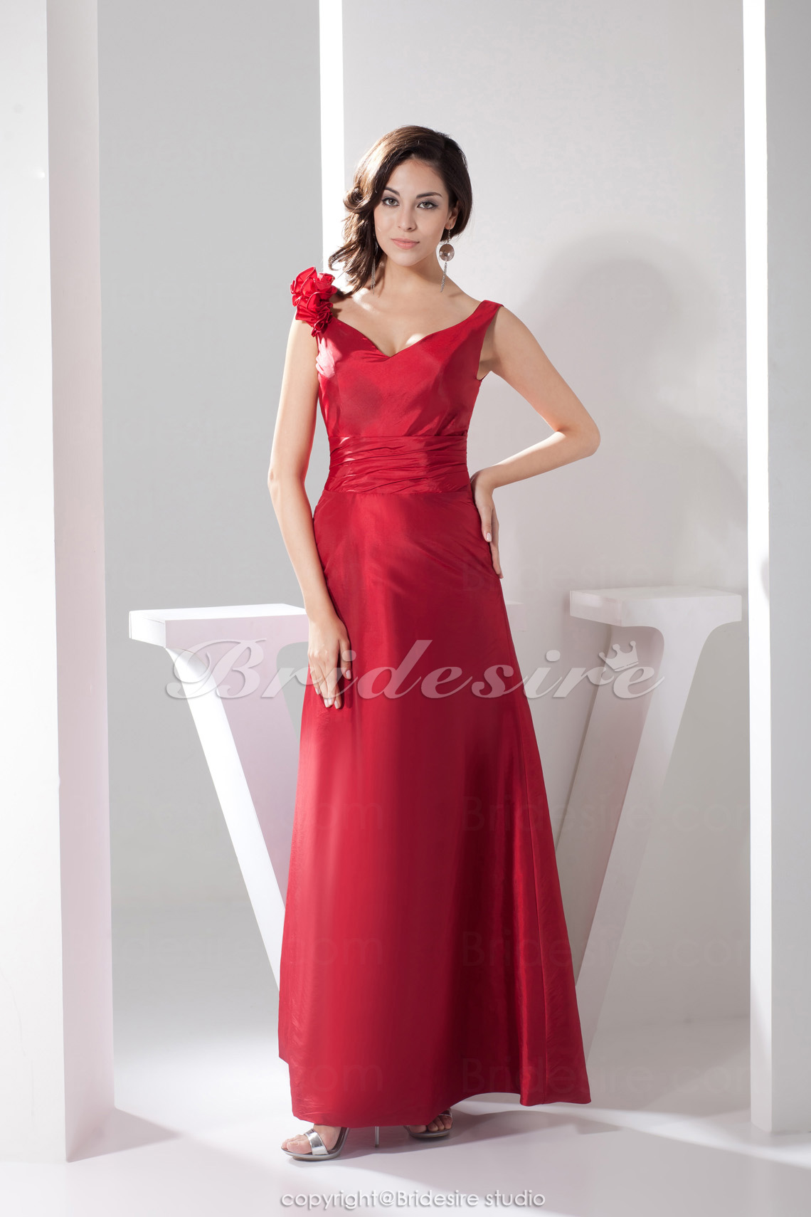 A-line V-neck Ankle-length Sleeveless Satin Bridesmaid Dress
