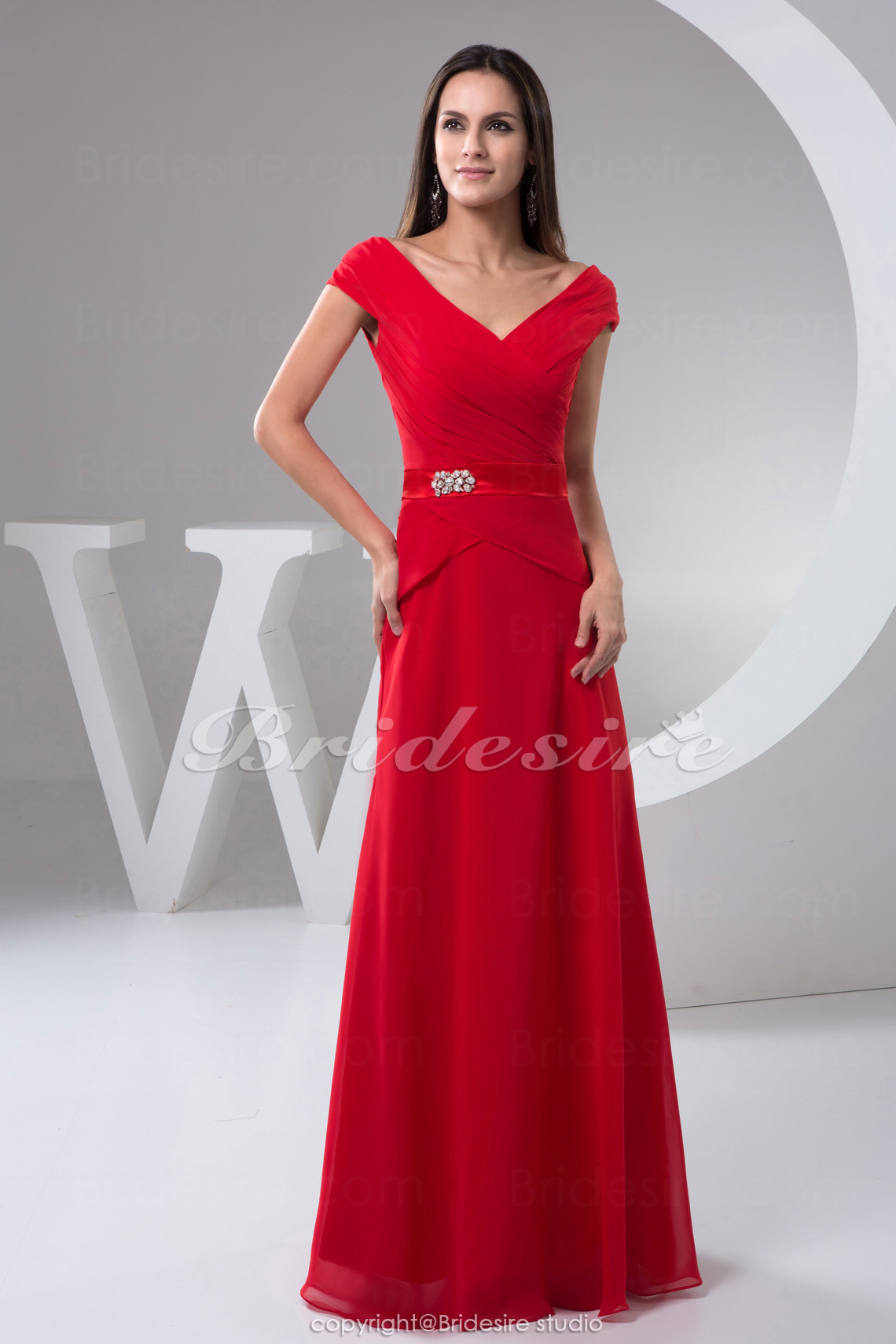 A-line V-neck Floor-length Short Sleeve Chiffon Satin Bridesmaid Dress