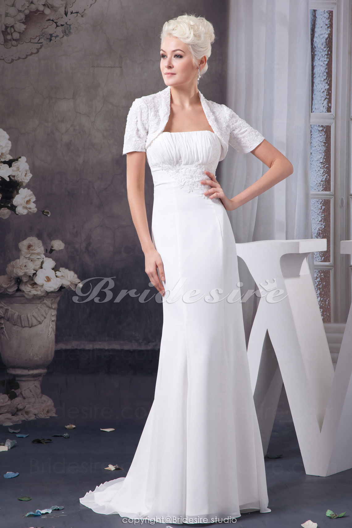 A-line Strapless Floor-length Sweep/Brush Train Sleeveless Chiffon Wedding Dress