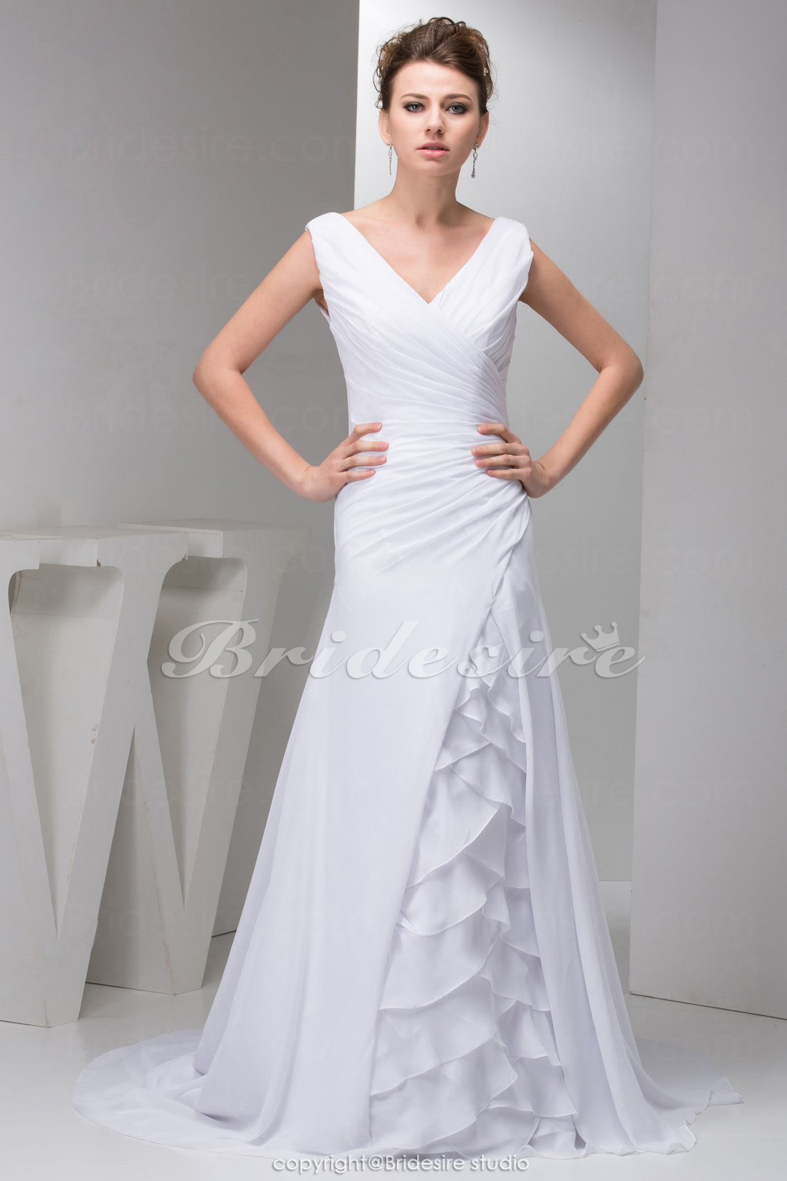 A-line V-neck Court Train Sleeveless Chiffon Wedding Dress
