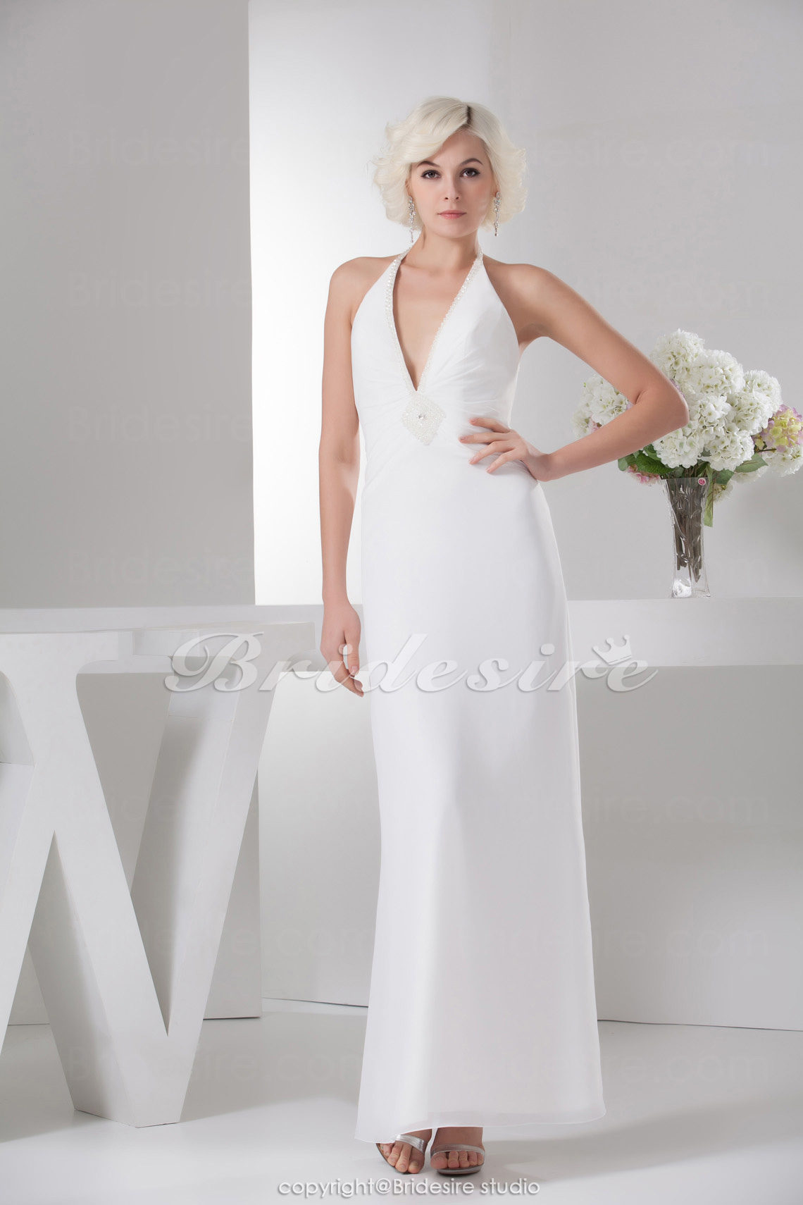 A-line Halter Floor-length Sleeveless Satin Bridesmaid Dress