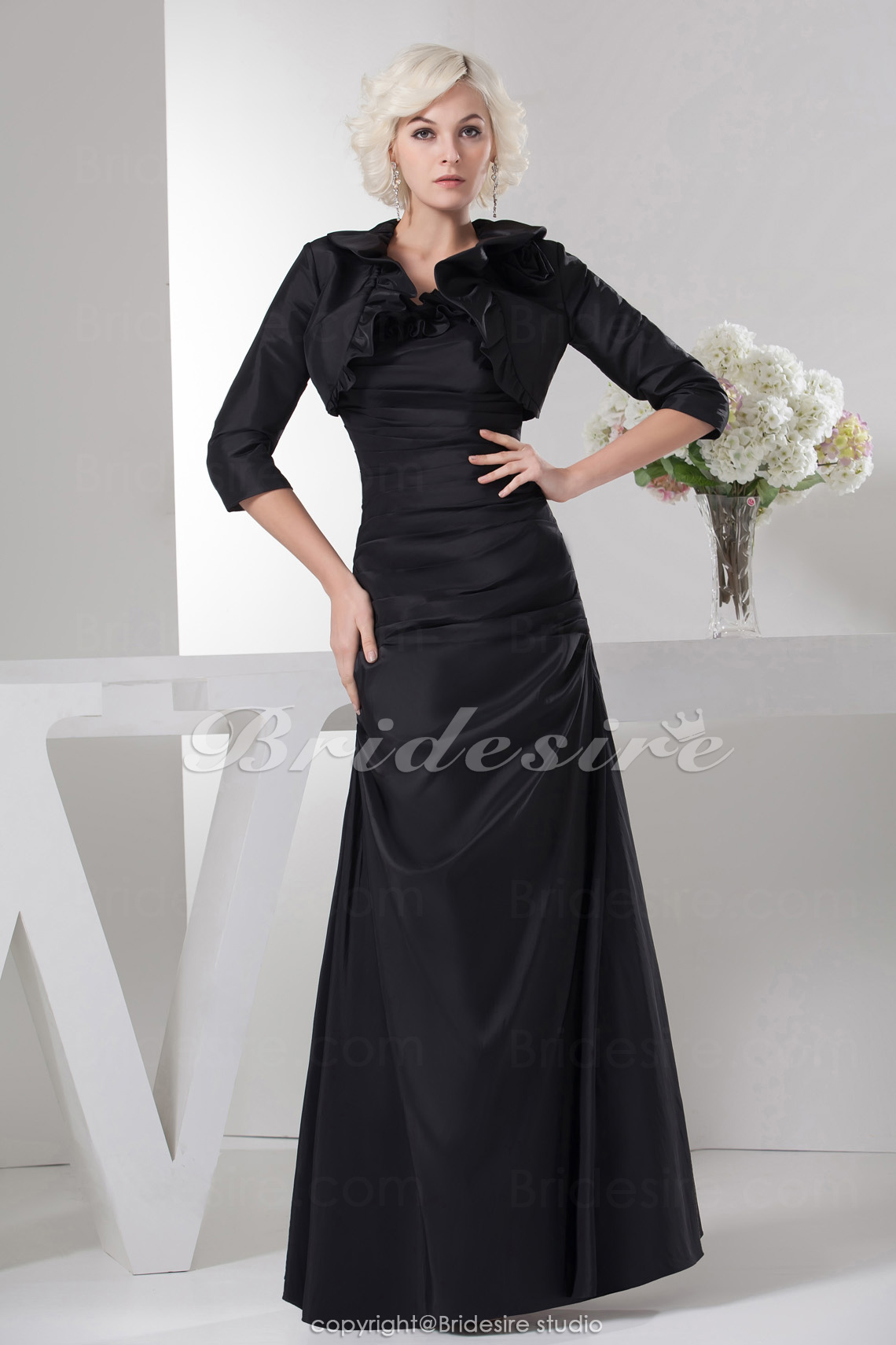 A-line Strapless Floor-length 3/4 Length Sleeve Satin Mother of the Bride Dress