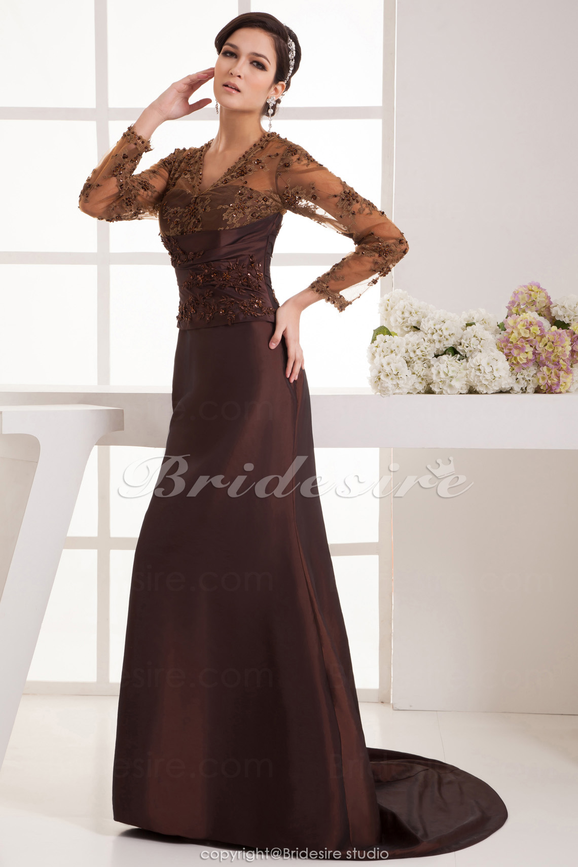 A-line V-neck Floor-length Sweep Train Long Sleeve Satin Mother of the Bride Dress
