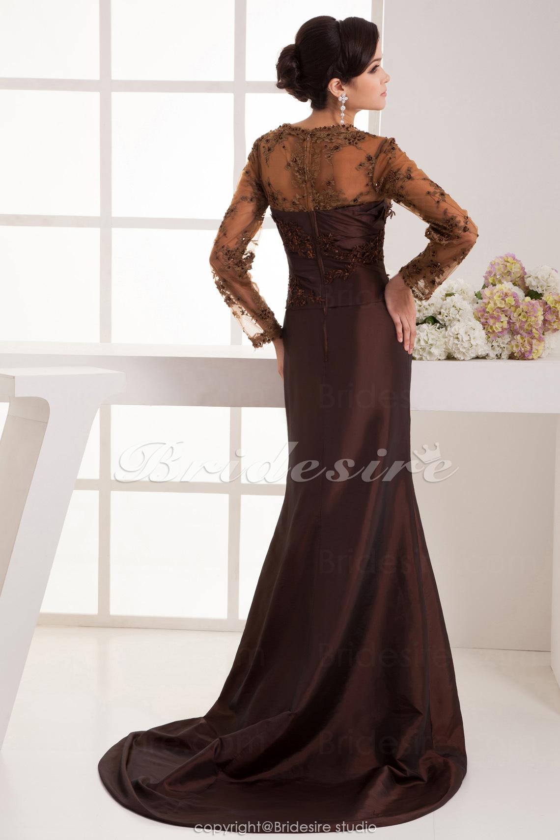 A-line V-neck Floor-length Sweep Train Long Sleeve Satin Mother of the Bride Dress