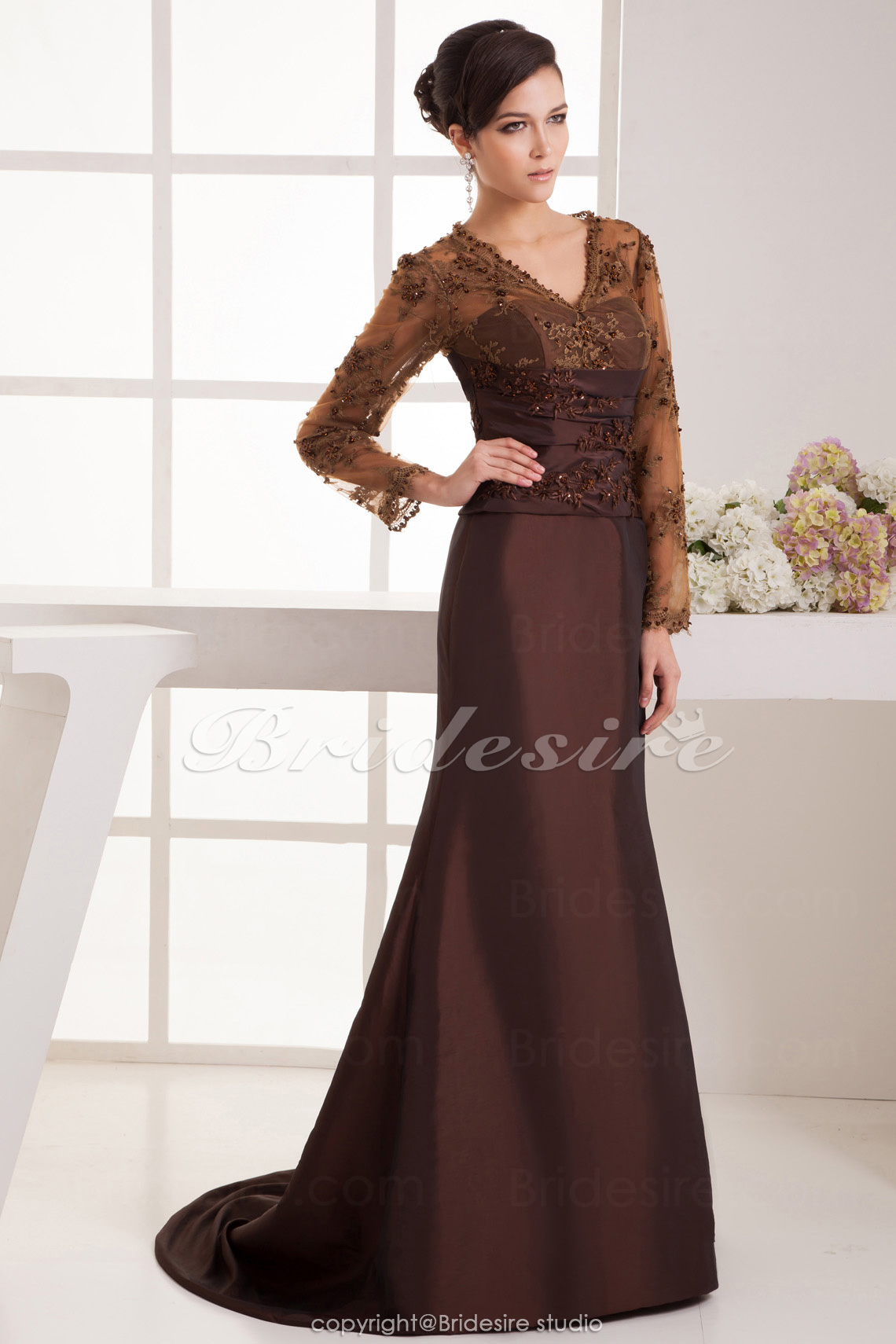 A-line V-neck Floor-length Sweep Train Long Sleeve Satin Mother of the Bride Dress