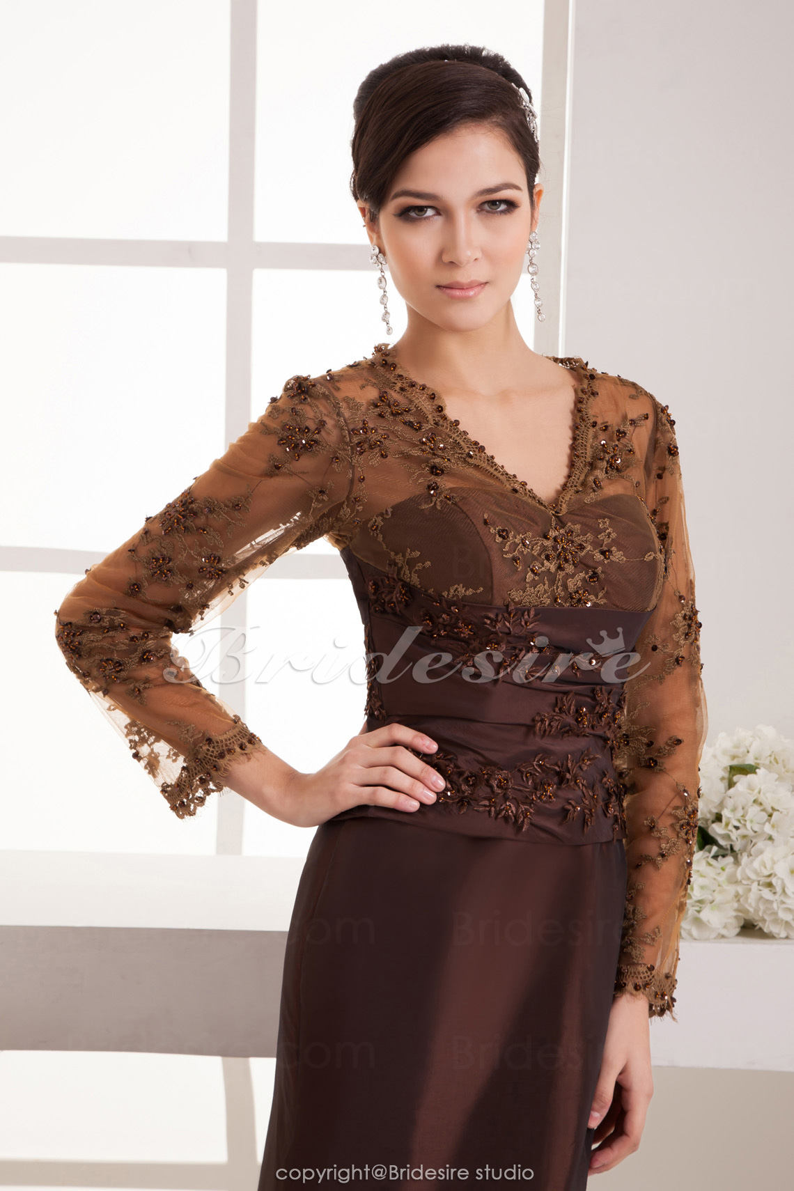 A-line V-neck Floor-length Sweep Train Long Sleeve Satin Mother of the Bride Dress