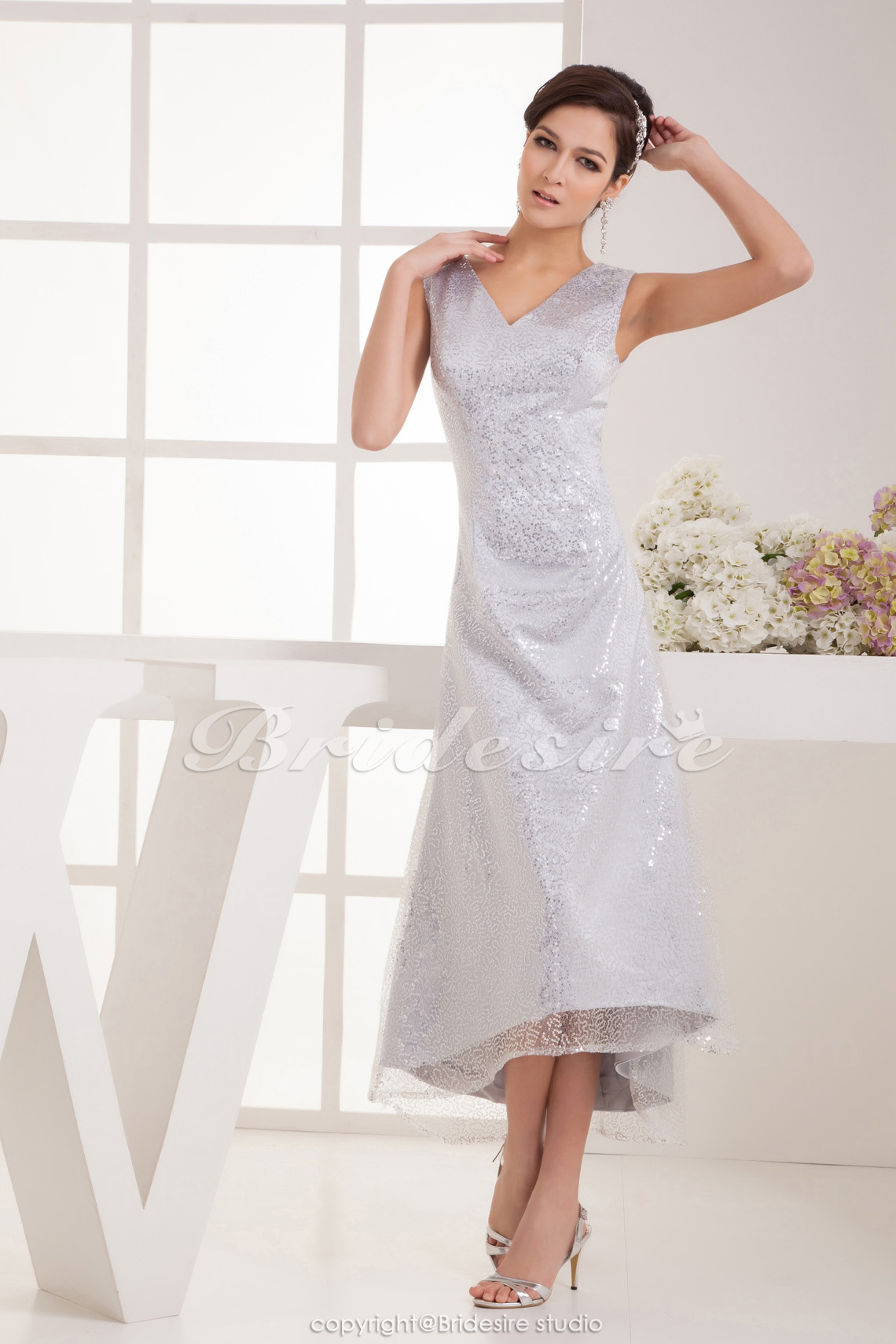 A-line V-neck Ankle-length Sleeveless Satin Dress
